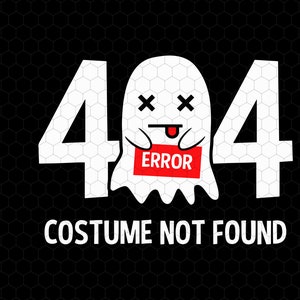 Peut inclure: Un fantôme blanc avec un panneau rouge "ERREUR", tenant les chiffres 404. Le texte "COSTUME INTROUVABLE" est sous les chiffres.