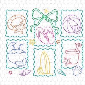 May include: A set of nine colorful summer-themed illustrations, including a surfboard, a coconut with two straws, a beach ball, a bucket and shovel, a pair of flip-flops, a seashell, a starfish, a life preserver, and a bow.