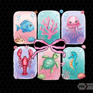 May include: A set of six colorful illustrations featuring various sea creatures, including a blue fish, a red lobster, a green sea turtle, a blue seahorse, a pink jellyfish, and a coral reef. The illustrations are surrounded by a pink bow and are set against a black background.