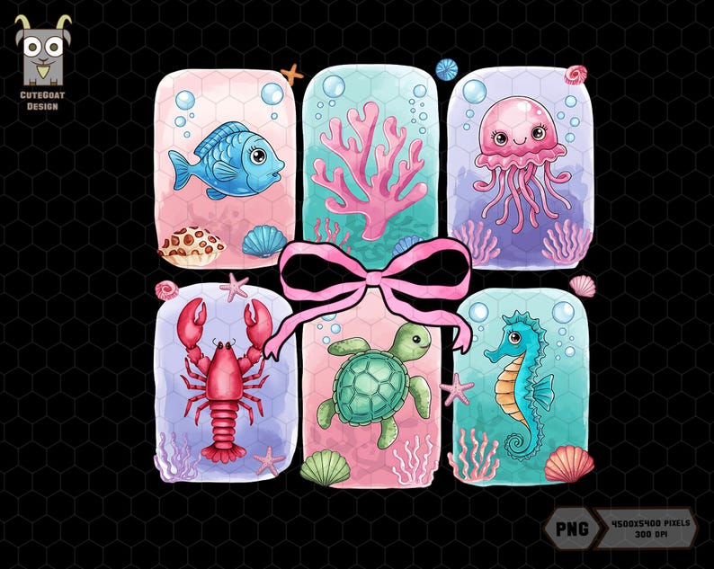 May include: A set of six colorful illustrations featuring various sea creatures, including a blue fish, a red lobster, a green sea turtle, a blue seahorse, a pink jellyfish, and a coral reef. The illustrations are surrounded by a pink bow and are set against a black background.