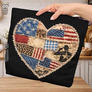Vintage USA faux patchwork hart png, 4 juli png, patriottische liefde png, retro Amerikaanse vlag, Independence Day, Memorial Day, rood wit blauw