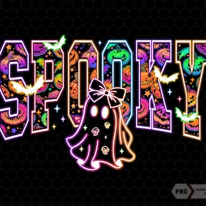 Neón espeluznante Png, Neón de Halloween de moda Png, Temporada espeluznante Png, Lazo de coqueta femenina Png, Fantasma Boo lindo Png, Lazo Boo Png, Club social Png