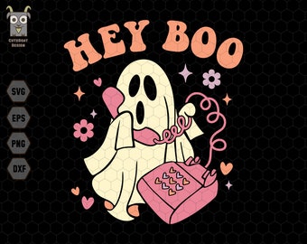 May include: A graphic illustration on a black background featuring a cream-colored ghost holding a pink rotary telephone with a coiled cord. The text HEY BOO appears in orange above the ghost, surrounded by small pink hearts, stars, and flowers.