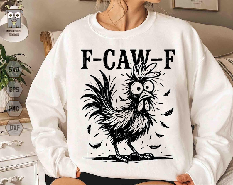 May include: White sweatshirt with a black and white graphic of a cartoon rooster with the text "F-CAW-F". The rooster has large eyes and feathers. The design is a fun and quirky take on farm animal apparel.