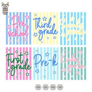 May include: A digital graphic set featuring six rectangular panels with vertical stripes and star accents. The text reads Pre school, Third grade, Second grade, First grade, Pre-k, and Kindergarten in various colors including pink, blue, yellow, and green.