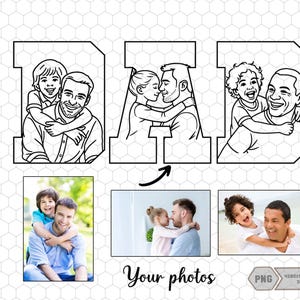 May include: A black and white line art design of the word DAD, with illustrations of fathers and children. Below, there are three photo frames with images of fathers and children. The text "Your photos" is below the frames.