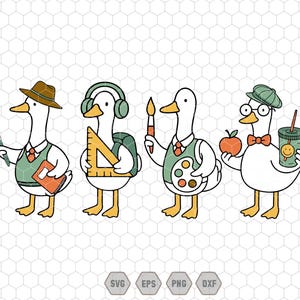 May include: A whimsical illustration features four cartoon geese dressed as professionals. One goose wears a hat and holds a pen and notebook. Another has headphones and a ruler. The third holds a paintbrush and palette, and the last has an apple and a drink.