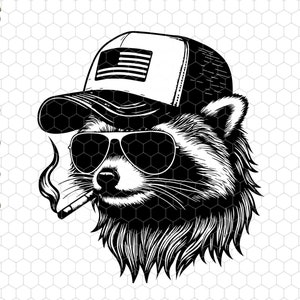 Può includere: Illustrazione in bianco e nero di un procione che indossa occhiali da sole e un berretto da baseball con un design a bandiera americana. Il procione sta fumando una sigaretta.