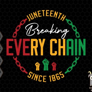 May include: A graphic design with the words "Juneteenth Breaking Every Chain Since 1865" in red, yellow, green, and white. The design includes chain links and raised fists, with file type icons on the left and a goat logo on the right.