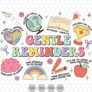 May include: A colorful graphic design with the text "GENTLE REMINDERS" and various illustrations including a heart, a globe, a book, a trophy, a brain, a rainbow, a pencil, and an apple. The text in the image reads "Celebrate small wins", "Be kind to yourself", "Setbacks = Growth", "Feelings are valid", "You deserve to be heard", "Your best is enough", "It's ok to grow at your own pace", and "Your mistakes don't define you".