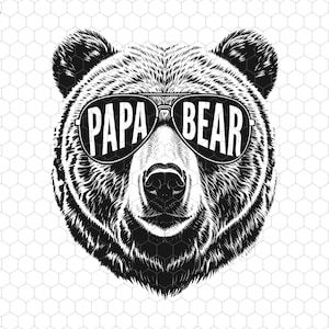 Peut inclure: Illustration en noir et blanc d'une tête d'ours portant des lunettes de soleil avec l'inscription "PAPA BEAR". Le dessin détaillé présente un motif en nid d'abeille en arrière-plan. L'image est stylisée.