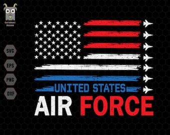 Könnte beinhalten: Ein verzerrtes Design der amerikanischen Flagge mit einem blauen Streifen und den Worten "United States Air Force". Auf der rechten Seite des Bildes befinden sich mehrere weiße Silhouetten von Kampfflugzeugen.