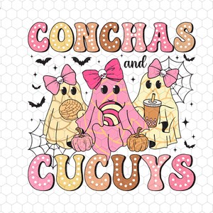 May include: Three pink and yellow ghosts with polka dots holding a concha, a lollipop, and a boba tea. The text "Conchas and Cucuys" is written in pink and yellow letters with polka dots.