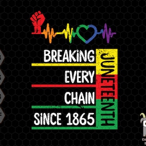 May include: A graphic design with a rainbow heart beat and the text "Juneteenth" in a vertical column with the text "Breaking Every Chain Since 1865" in a horizontal row.