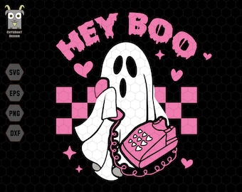 May include: Pink and white graphic design featuring a ghost holding a pink rotary phone with the text "Hey Boo" in pink dripping letters.