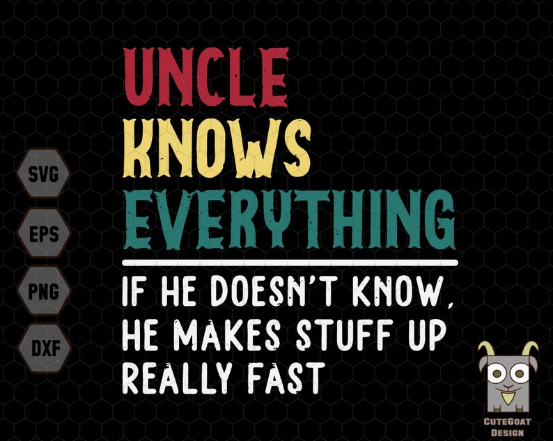 Może przedstawiać: Projekt cyfrowy z grafiką w stylu retro z tekstem "Uncle Knows Everything. If he doesn't know, he makes stuff up really fast." Projekt jest w odcieniach czerwieni, ż&oacute;łci, zieleni i bieli na czarnym tle.