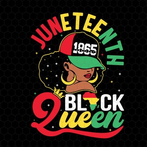 Peut inclure: Un design graphique représentant une femme noire avec une couronne, portant une casquette de baseball rouge, verte et jaune avec le texte "1865" dessus. Le texte "Juneteenth Black Queen" est écrit en lettres rouges, vertes et jaunes.