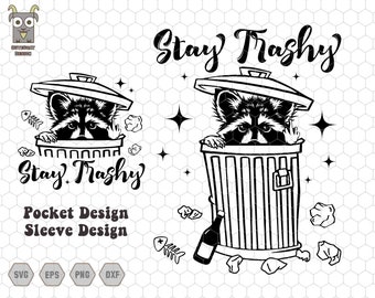 Può includere: Grafica in bianco e nero con un procione che sbuca da un bidone della spazzatura. Il testo "Stay Trashy" è visualizzato sopra e sotto il procione. Elementi aggiuntivi includono spazzatura, stelle e icone di tipo di file.