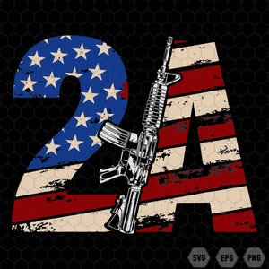 May include: A distressed American flag design with the numbers "2A" and a stylized image of a rifle in the center.