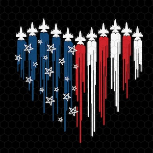 Könnte beinhalten: Ein rot-weiß-blaues herzförmiges Design mit einer Silhouette von Kampfflugzeugen, die in Formation fliegen. Das Herz tropft mit Farbe und erzeugt einen patriotischen Effekt.