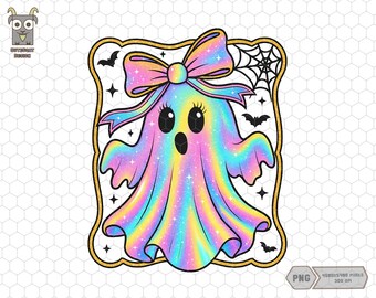 Puede incluir: Una ilustración digital de un fantasma con un acabado iridiscente de arcoíris y un gran lazo a juego en la cabeza. El fantasma tiene ojos negros y la boca abierta, rodeado por contornos negros de murciélagos, una telaraña y estrellas en un marco dorado.