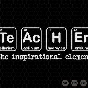 Puede incluir: Un diseño gráfico en blanco y negro con la palabra "TEACHER" deletreada usando los símbolos químicos y los nombres del telurio, el actinio, el hidrógeno y el erbio. El texto "the inspirational element" está debajo de los símbolos químicos.