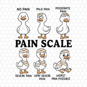 Puede incluir: Un gráfico blanco que presenta una escala de dolor con patos de dibujos animados. Los patos muestran varios grados de angustia, etiquetados de "Sin dolor" a "Peor dolor posible". El texto incluye "Escala de dolor" e iconos de tipo de archivo SVG, EPS, PNG y DXF.