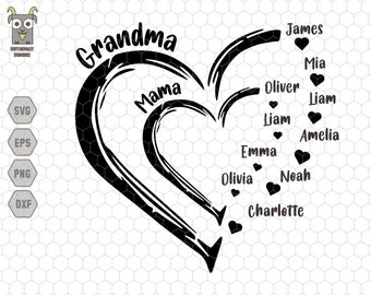 Benutzerdefiniertes Herz-Enkelkind-Namenssvg, benutzerdefinierte Mamas Kind-Svg, personalisierte Mama-Svg, Oma-Shirt-Svg, Geschenk für Mutter-Svg, Geschenk für Oma-Svg
