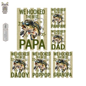 Puede incluir: Una colección de diseños con temática de pesca que presenta un róbalo con gafas de sol y un sombrero, con el texto "WE HOOKED THE BEST" arriba y títulos como "PAPA", "DAD", "DADDY", "POPOOP" y "GRANDPA" abajo. Los diseños tienen un fondo a rayas.