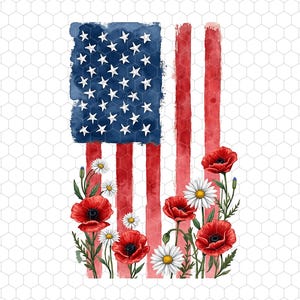 Puede incluir: Pintura de acuarela de una bandera estadounidense con colores rojo, blanco y azul. La bandera está rodeada de amapolas rojas y margaritas blancas.
