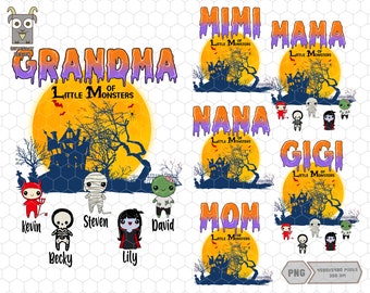 May include: Halloween-themed graphic design featuring the word "GRANDMA" in dripping orange and purple letters above a haunted house scene with a full moon. Includes cartoon monsters and the names Kevin, Becky, Steven, Lily, and David.