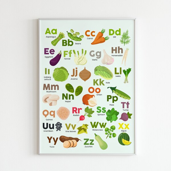 Vegetable Fruit Alphabet Prints, Vegetables ABC Nursery Wall Art, Boho Nursery Decor, Nursery Prints, Kids Bedroom Decor, Alphabet Poster