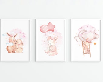 Set of 3 Bunny Prints Nursery, Bunny Nursery Wall Art, Nursery Print, Girls Room Prints, Cute Bunny, Kids Bedroom Art Decor Digital Download