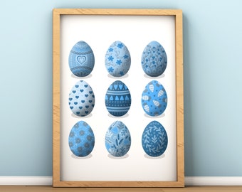 Blue Easter Eggs Print, Hand-Drawn Spring Wall Art (Digital Download)