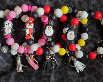 Penguin Lover's silicone beaded wristlet keychains on 10 inch stainless bracelet - choice of color of wrislet