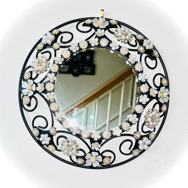 Black metal mirror Wall Plaque metal scrolls One of a Kind wall plaque wall decor gift for her neutral colors rhinestones and  pearls