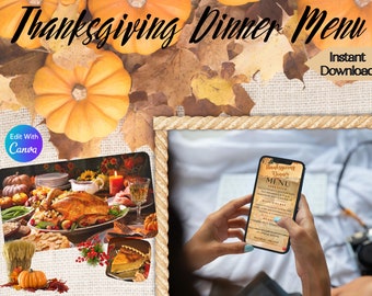 Thanksgiving Dinner Menu Template, Printable Thanksgiving Dinner Menu, Fall Menu Card, Editable Menu, Fall Dinner Menu