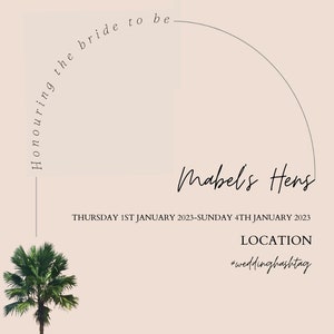 May include: A pink and white invitation for Mabel's Hens, a hen party taking place from Thursday, 1st January to Sunday, 4th January 2023. The invitation features a palm tree and the text "#weddinghashtag".