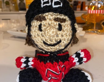 Handmade Jack Hughes Crocheted Hockey Doll, New Jersey Devils Fan Gift