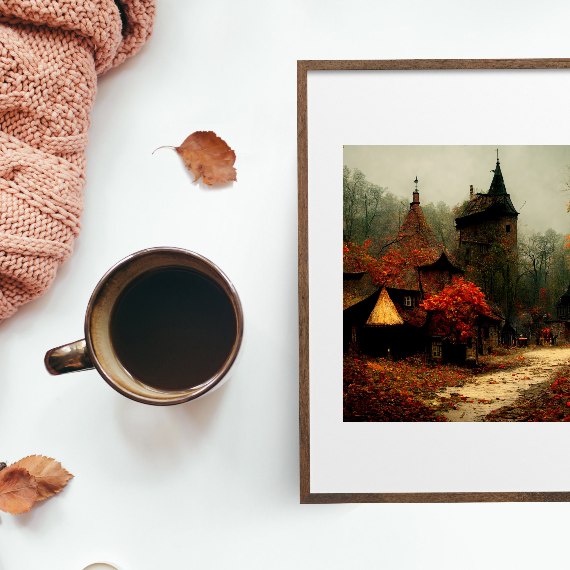 Medieval Village Art Print Fall Landscape Wall Art Vintage Rustic