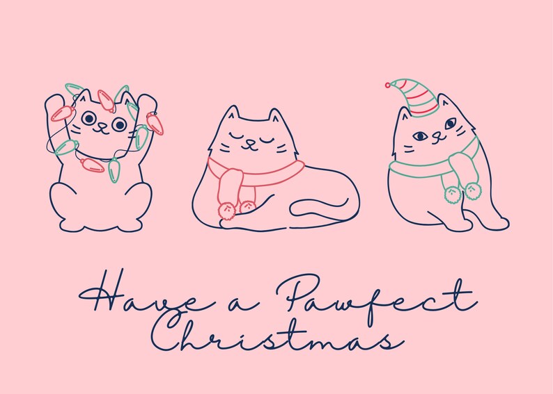 Cat Themed Christmas Cards Set of 5 Merry Christmas Etsy