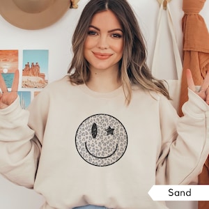 Leopard Smiley Face Sweatshirt, Vintage Happy Face Crewneck, 90s Graphic Shirt, Oversized Trendy Sweatshirt