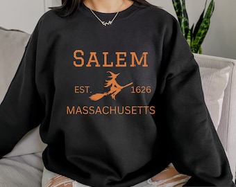 Salem Massachusetts ronde hals, grafisch Halloween-heks-sweatshirt, trendy oversized Halloween-shirt, griezelig seizoen-sweatshirt