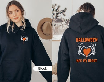 Halloween Has My Heart Hoodie, Graphic Skeleton Heart Sweatshirt, Trendy Oversized Halloween Hoodie, Spooky Season Sweatshirt