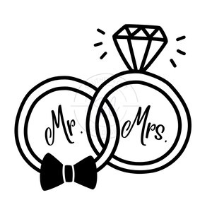 May include: Black and white illustration of two interlocking rings with the words "Mr." and "Mrs." inside. The rings are topped with a diamond.