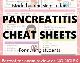 May include: A downloadable PDF cheat sheet for nursing students, focusing on pancreatitis. The pink and white document includes medical information, patient teaching, and exam review details. Text includes "Causes I GET SMASHED" and "CHEAT SHEETS".