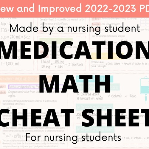 Medication Math Cheat Sheet for Nursing Students Etsy