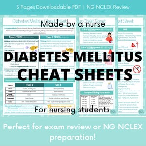 May include: A colourful digital cheat sheet for nursing students studying diabetes mellitus. The cheat sheet includes information on type 1 and type 2 diabetes, including causes, symptoms, treatment, and complications. The cheat sheet also includes a sliding scale insulin chart.
