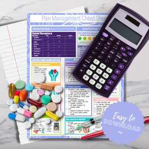 May include: A medical-themed image featuring a purple calculator, a pain management cheat sheet, and various pills and a syringe. The cheat sheet includes text about opioid receptors and pain management. The words "Easy to Download PDF" are also visible.