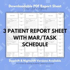 May include: A printable patient report sheet with a blue, pink, and white background. The sheet is divided into three columns, each with a section for patient information, vital signs, and medications. The title of the sheet is "3 Patient Report Sheet with MAR/Task Schedule".